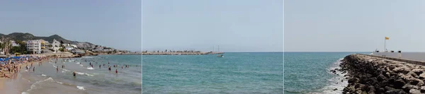 CATALONIA, SPAIN - APRIL 30, 2020: Collage of people resting on beach, yachts in sea and pier with clear sky at background — Stock Photo