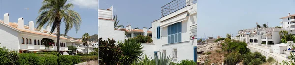 Collage aus weißen Fassaden von Gebäuden und Bäumen mit blauem Himmel im Hintergrund in Katalonien, Spanien — Stockfoto