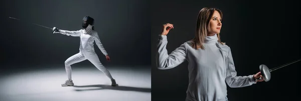 Collage of beautiful fencer holding rapier on black background — Stock Photo