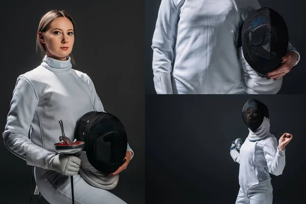 Collage of beautiful fencer holding mask and rapier isolated on black — Stock Photo