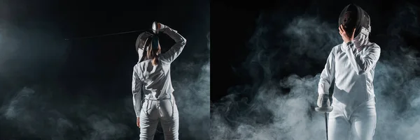 Коллаж фехтовальщика, держащего защитную маску и рапира на черном фоне с дымом — стоковое фото