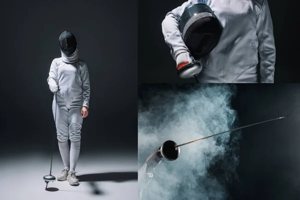 Collage of swordswoman fencing on black background with smoke — Stock Photo