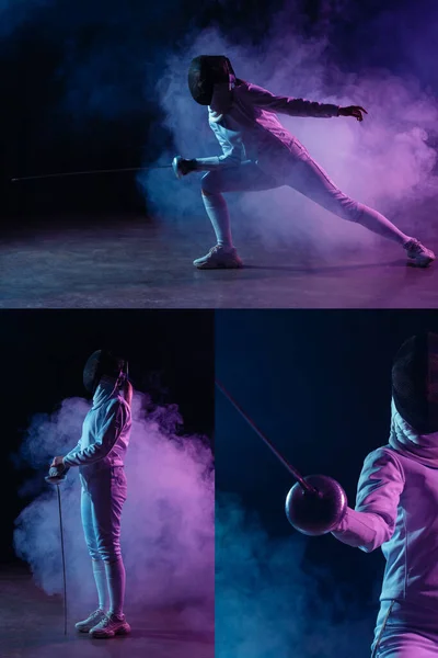Collage of fencer training with rapier on black background with smoke — Stock Photo
