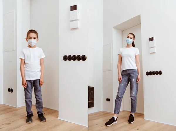 Collage de mère et fils dans des masques médicaux regardant la caméra dans le couloir — Photo de stock