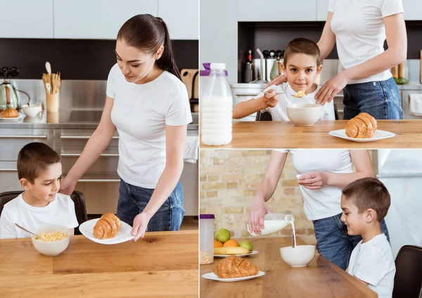 Collage di madre che tiene il croissant e versa il latte nei cereali vicino al figlio seduto al tavolo della cucina — Foto stock