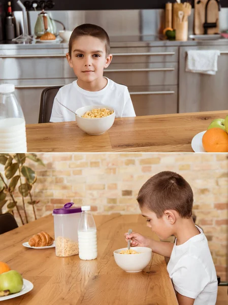 Коллаж мальчик ест крупы во время завтрака на кухне — стоковое фото