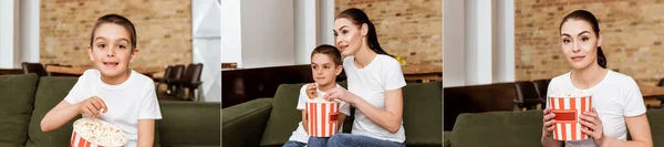 Коллаж матери и сына, поедающих попкорн на диване дома — стоковое фото