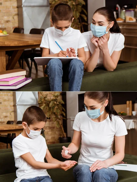Коллаж матери и сына в медицинских масках рисунок и использование дезинфицирующего средства для рук дома — стоковое фото