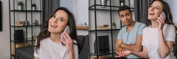 Collage of handsome mixed race man looking at girlfriend talking on smartphone — Stock Photo