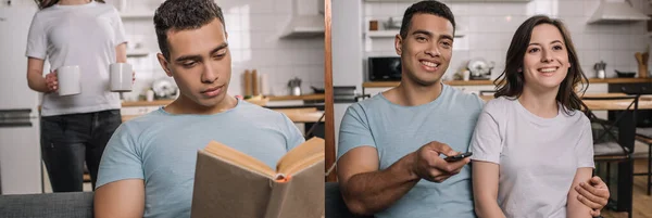 Collage of mixed race man reading book near girl with cups of coffee and happy interracial couple watching movie at home — Stock Photo