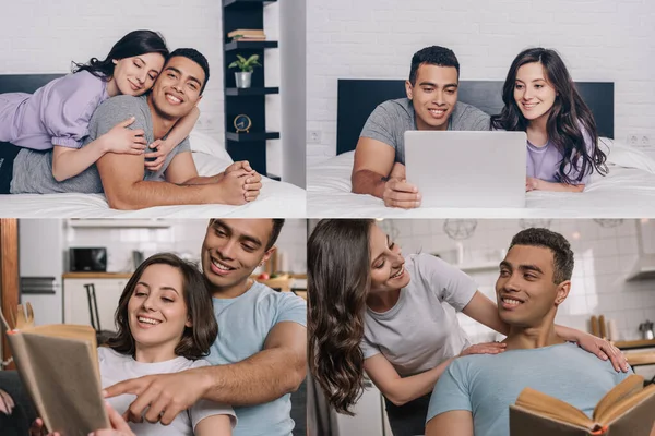Коллаж межрасовой пары, обнимающей и использующей ноутбук, смешанного расиста, указывающего пальцем на книгу рядом с девушкой — стоковое фото