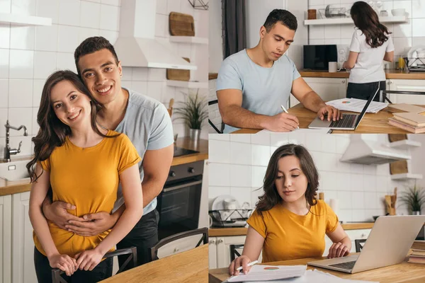 Collage of mixed race man hugging girlfriend, writing and using laptop at home — Stock Photo