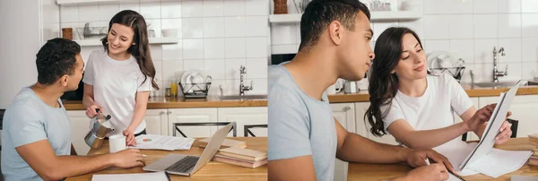 Colagem de menina alegre segurando panela de café, xícara e papéis perto de homem de raça mista e laptop na mesa — Fotografia de Stock