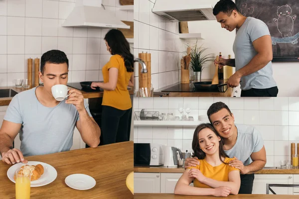 Колаж змішаної раси чоловік п'є каву, готуючи, торкаючись сковороди і обіймаючи щасливу жінку вдома — стокове фото