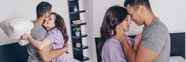 Collage of cheerful interracial couple hugging at home — Stock Photo