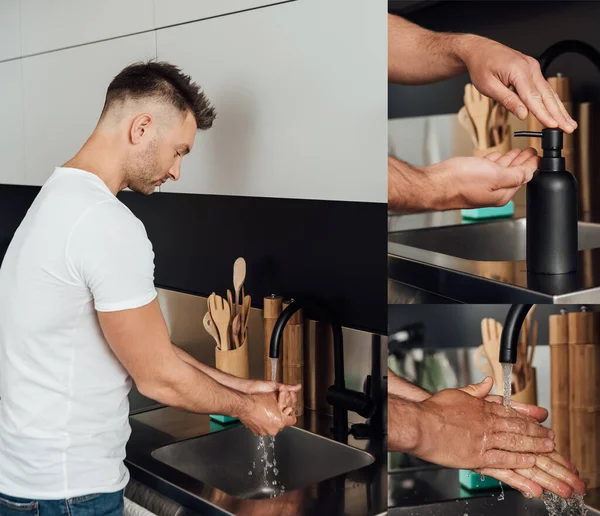 Collage de guapo loco lavándose las manos en cocina - foto de stock