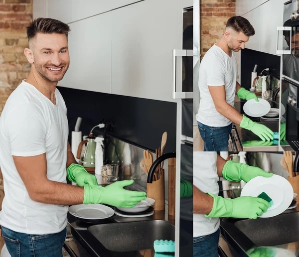 Collage eines gutaussehenden Mannes in Gummihandschuhen, der Teller in der Küche wäscht — Stockfoto