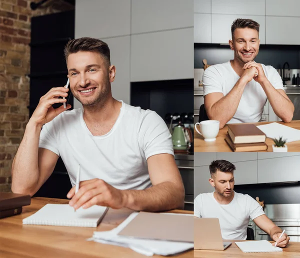 Collage of handsome freelancer looking at notebook, talking on smartphone, smiling near books and cup — Stock Photo