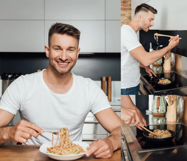 Collage of handsome man cooking delicious noodles and smiling at home — Stock Photo