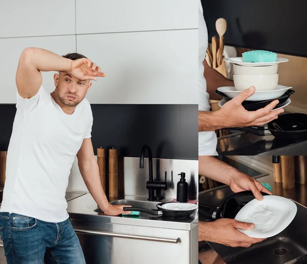 Collage of tired man touching forehead and holding plates — Stock Photo