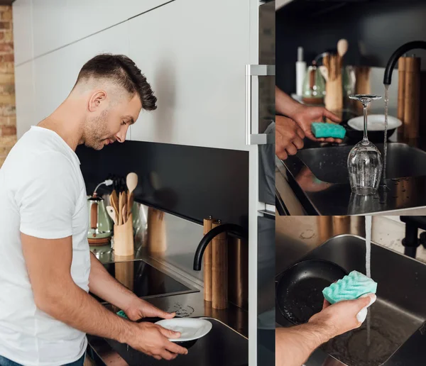 Collage of handsome man in white t-shirt washing plate, frying pan and holding sponges near wet glass — Stock Photo