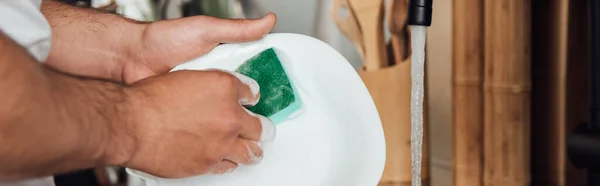 Панорамный снимок человека, держащего губку во время мытья белой тарелки — стоковое фото
