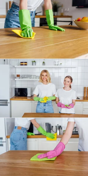 Collage of cheerful sisters in rubber gloves looking at camera and cleaning kitchen — Stock Photo