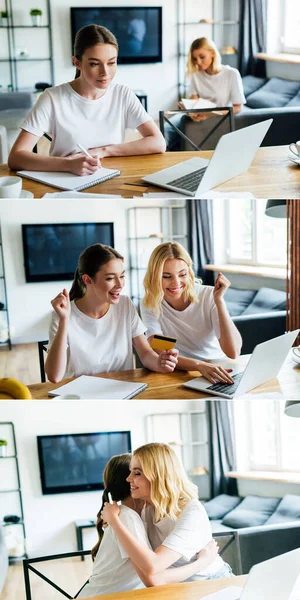 Collage de sœurs gaies achats en ligne et câlins tandis que la femme écrit dans un carnet près d'un ordinateur portable — Photo de stock