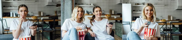 Колаж щасливих жінок, що тримають віддалених контролерів і сестер, які дивляться фільм біля смачного попкорну — стокове фото