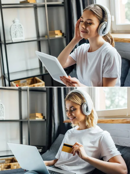 Collage lächelnder Schwestern in Kopfhörern mit digitalem Tablet und Laptop mit Kreditkarte zu Hause — Stockfoto