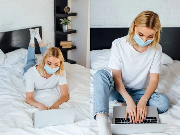 Collage di freelance bionda in maschera medica utilizzando laptop sul letto — Foto stock