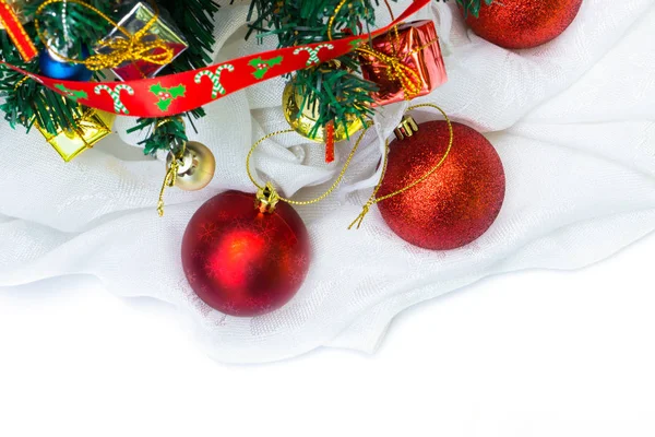 Close up christmas ball on white fabric. — Stock Photo, Image