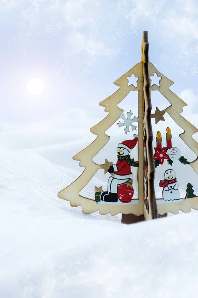 Macro photo of wood snowman on the Christmas tree with light and — Stock Photo, Image