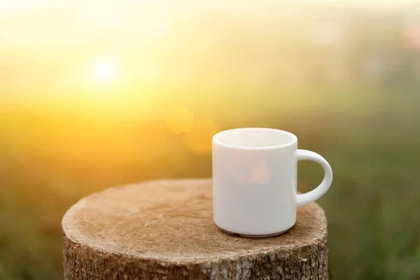 White coffee mug in the morning time — Stock Photo, Image