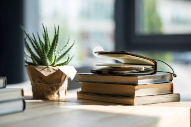 Close-up view of books, notebook with pencil and potted plant on wooden table  clipart