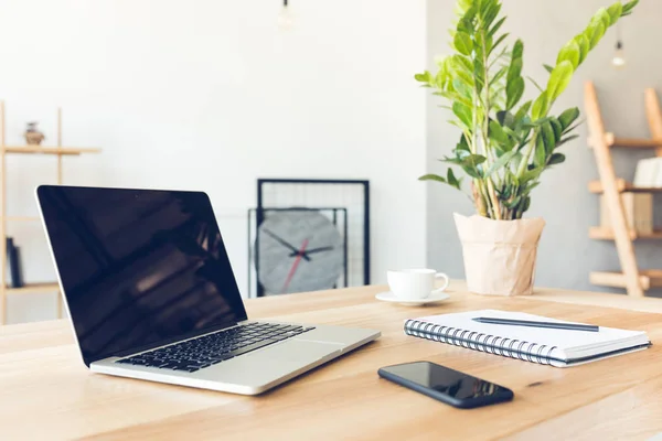 Design of workplace in home office with modern equipment and objects — Stock Photo, Image