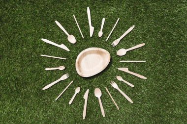wooden cutlery items and plate on grass clipart