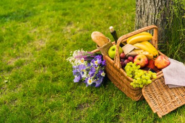 Meyve ve şaraplı piknik sepeti 