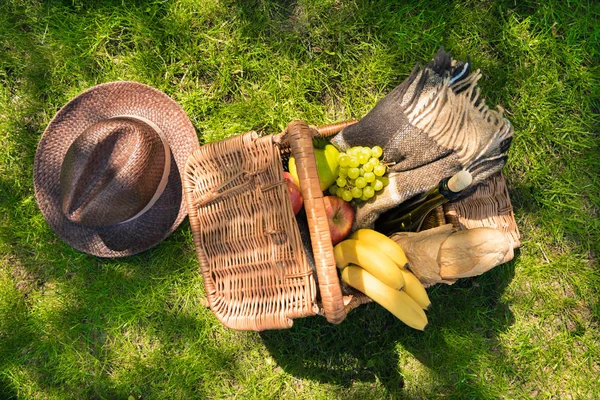 A gyümölcsök és a kockás piknik kosár — Stock Fotó