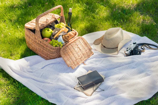 Picnic basket and camera — Stock Photo, Image