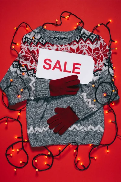 Top View Winter Sweater Mittens Price Tag Sale Lettering Christmas — Stock Photo, Image