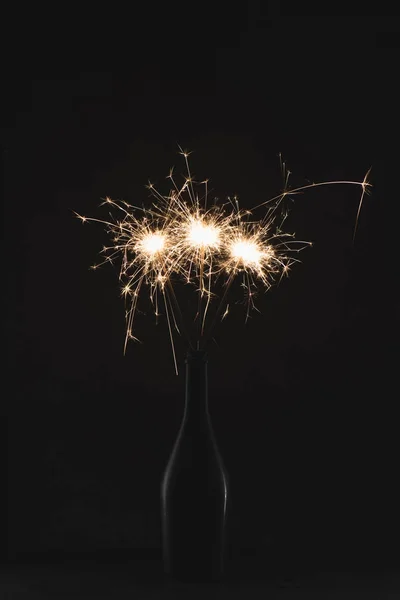 Close View Burning Sparklers Bottle Isolated Black — Stock Photo, Image