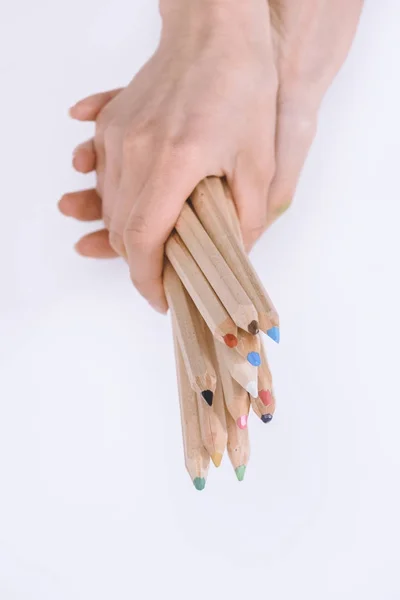 Cropped Shot Female Hands Holding Colorful Crayons Isolated White — Free Stock Photo