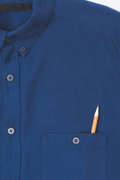 close-up view of stylish blue shirt with pencil in pocket   