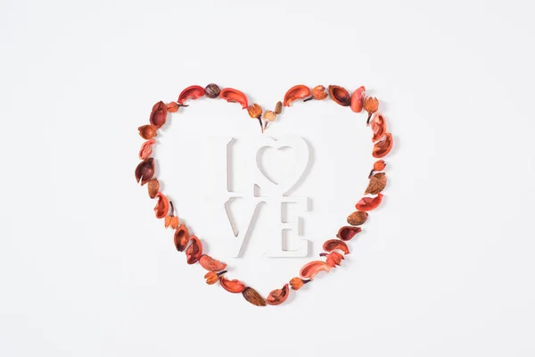 Top View Heart Dried Fruits Word Love Isolated White — Stock Photo, Image