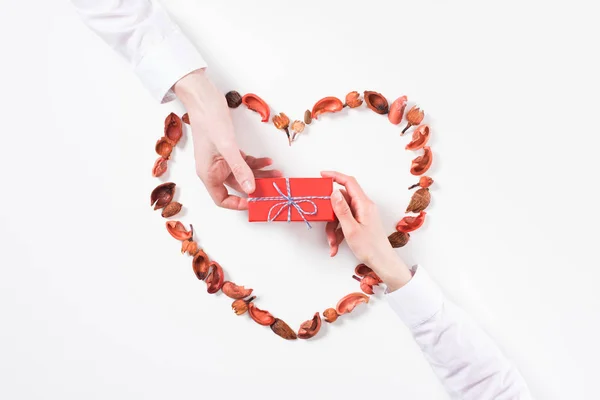 Cropped Image Boyfriend Presenting Girlfriend Gift Valentines Day Isolated White — Stock Photo, Image