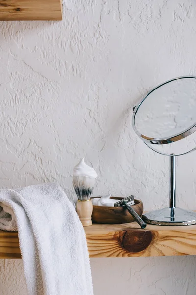 Close View Arranged Barber Equipment Shaving Wooden Shelf — Stock Photo, Image