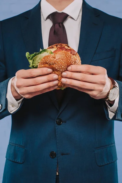 Cropped Shot Businessman Formal Suit Holding Burger — Stock Photo, Image