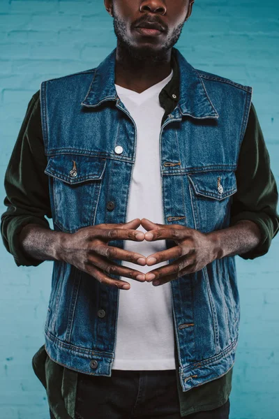 Cropped Shot Young African American Man Denim Jacket — Stock Photo, Image