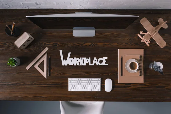 Top View Word Workplace Desktop Computer Office Supplies Wooden Table — Stock Photo, Image